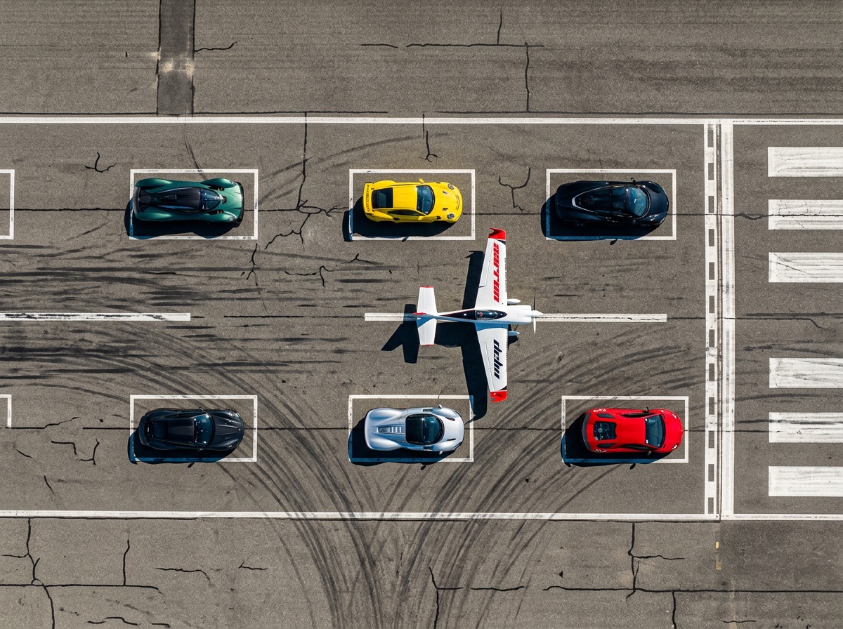 Straight down onto a runway. Six supercars sit in painted white grid boxes, three either side, with Aarron's white and red aerobatic aircraft between them, its wings spanning the gap.