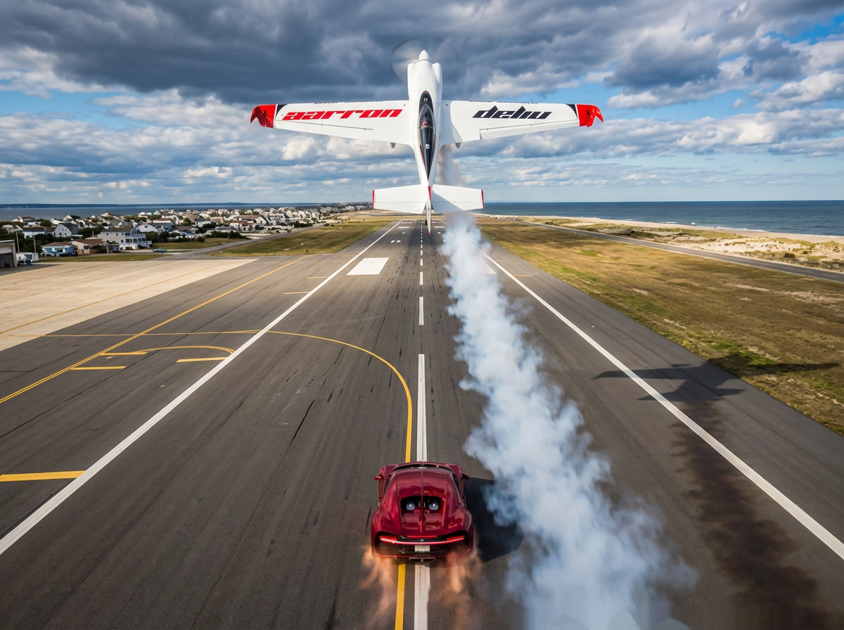 Head-on down the runway: the aircraft pulling up off the deck with smoke on, a red supercar accelerating beneath it.