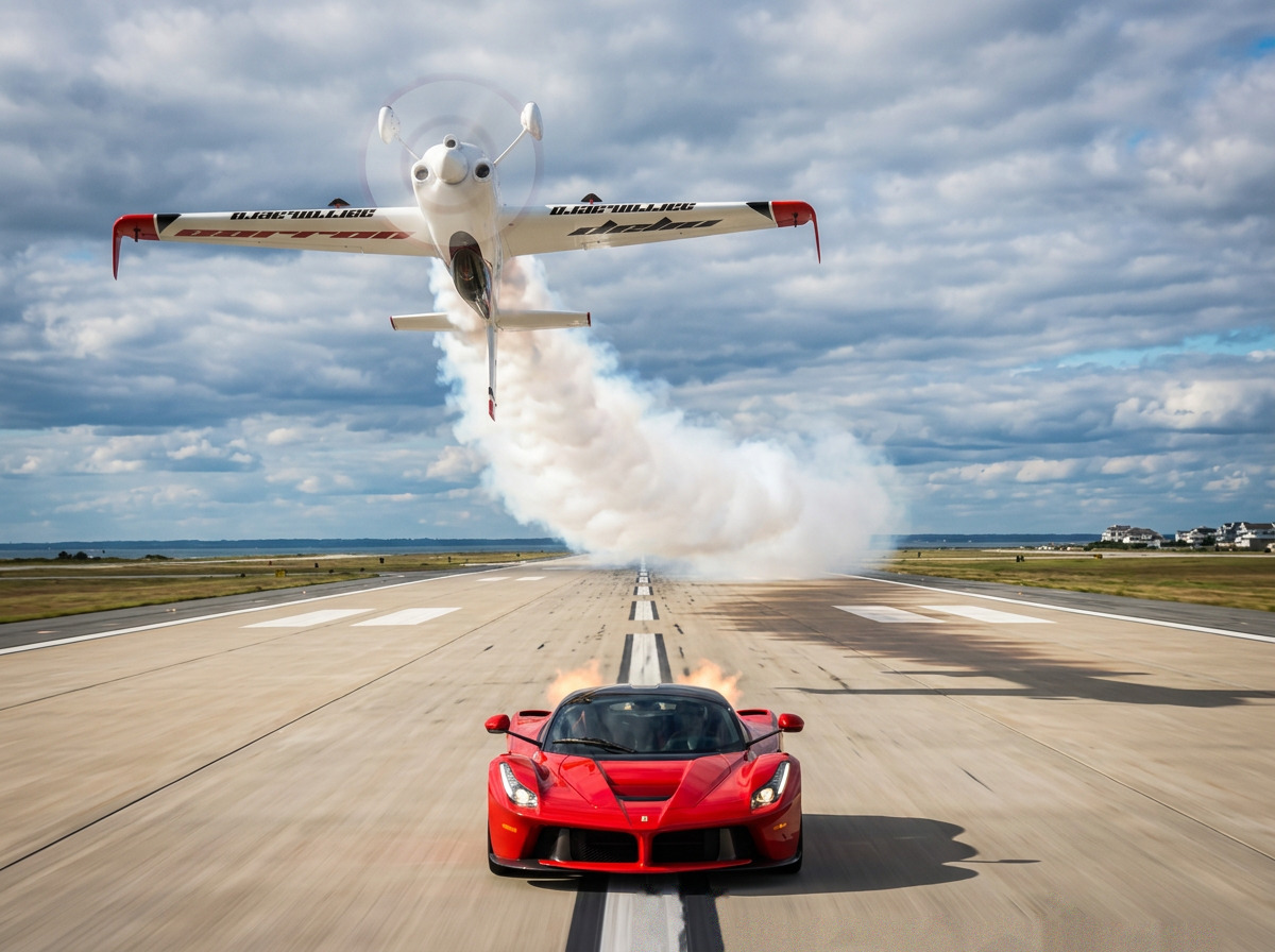 The aircraft banking hard off the runway with smoke streaming, a red supercar running beneath it.